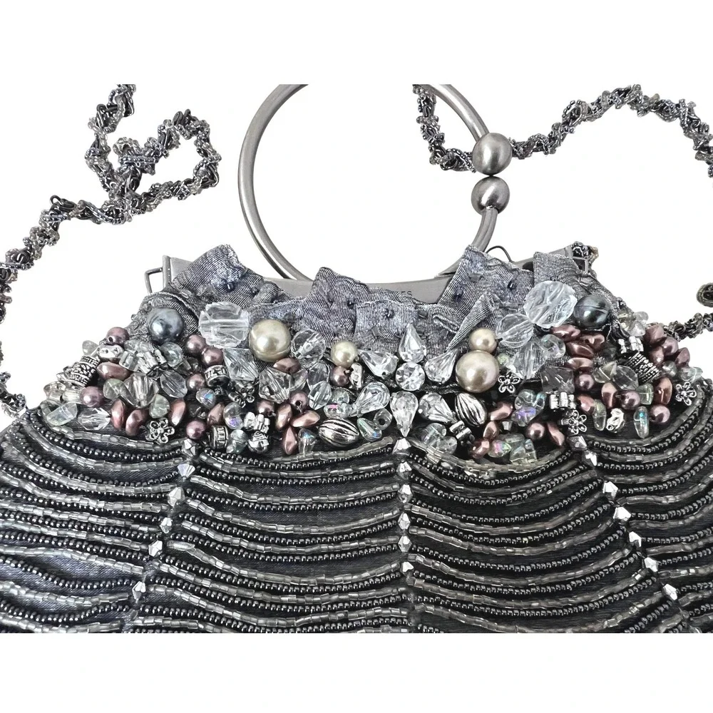 Mary Frances Beaded Evening Clutch Women OS Silver‎ Excellent Pearl Crystal Bag